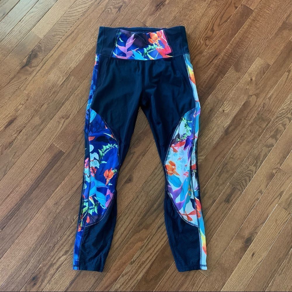ATHLETA Navy Blue Floral Print Mesh Leggings S